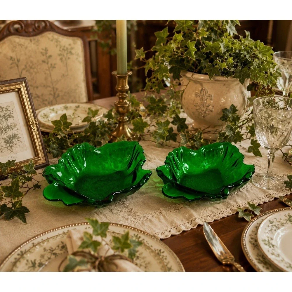 Vintage Emerald Green Glass Leaf Bowls Set of 2 Maple Leaf Trinket Dish Decor